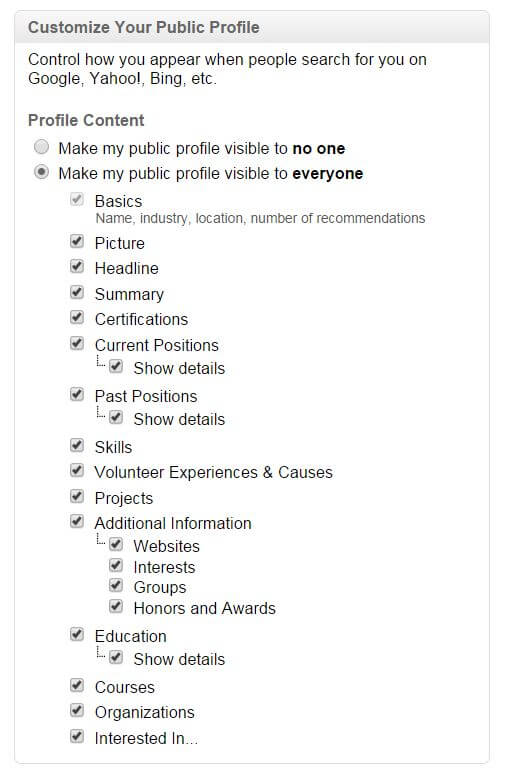 LinkedIn settings Public profile