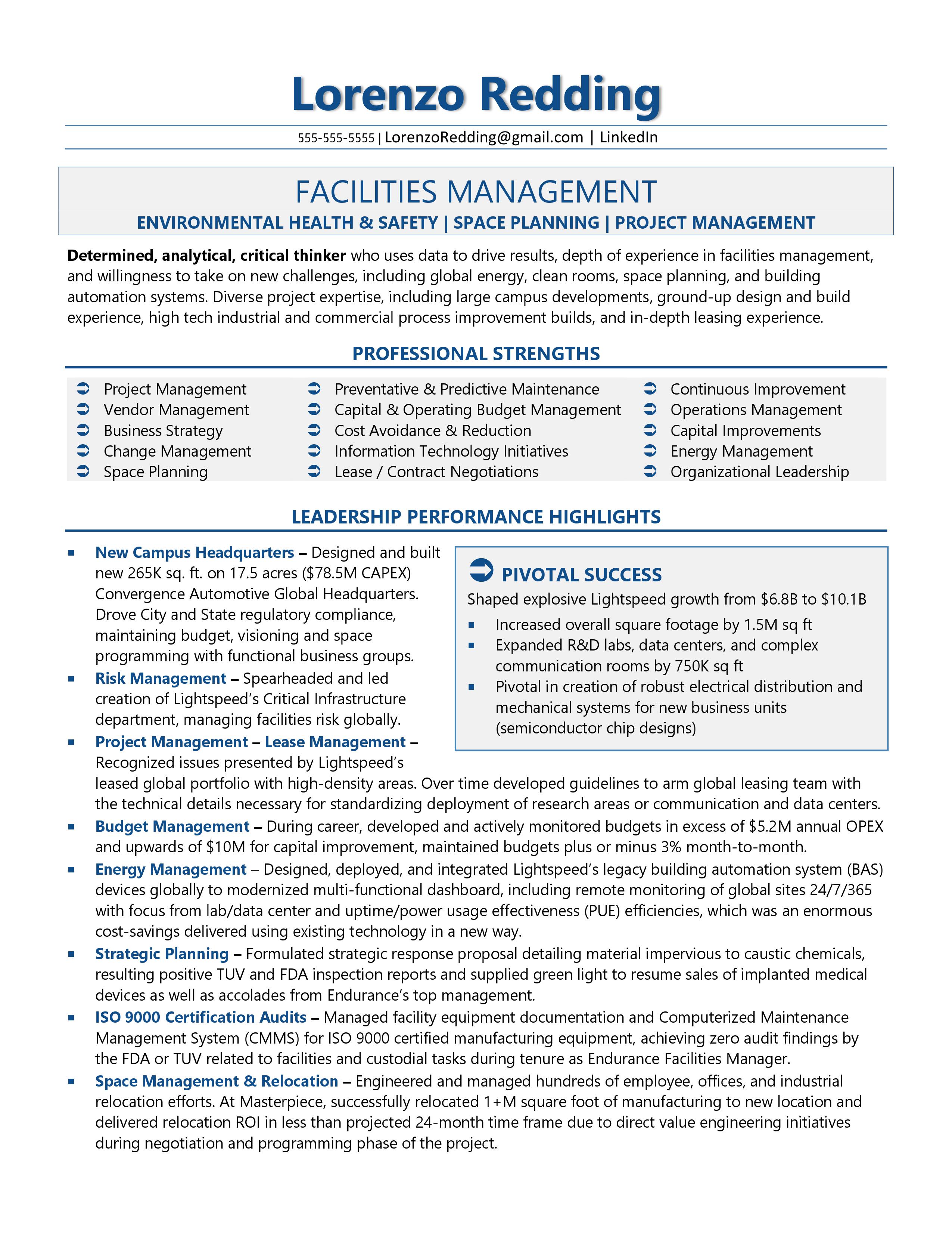 Director of Facilities Management Resume Sample